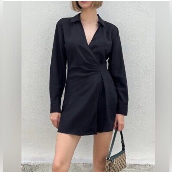 EUC! Zara Black Ruched Wrap Mini Dress lightweight long sleeve M - Picture 1 of 5